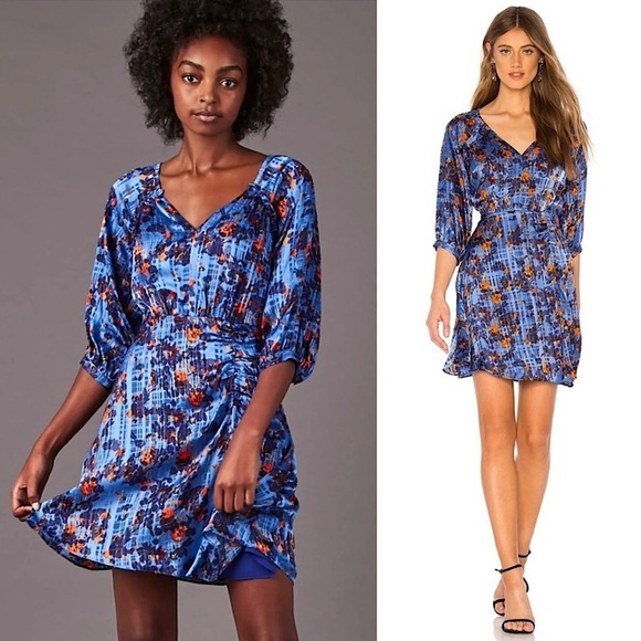 TANYA TAYLOR Silk Floral Plaid Burnout Print Puff Sleeves Ruffled V-Neck Dress 8 - Picture 1 of 6